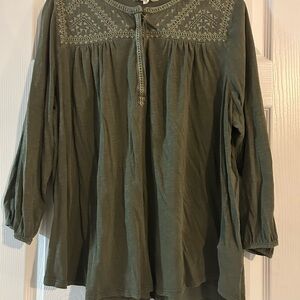 Lucky Brand Forest Green Embroidered Blouse